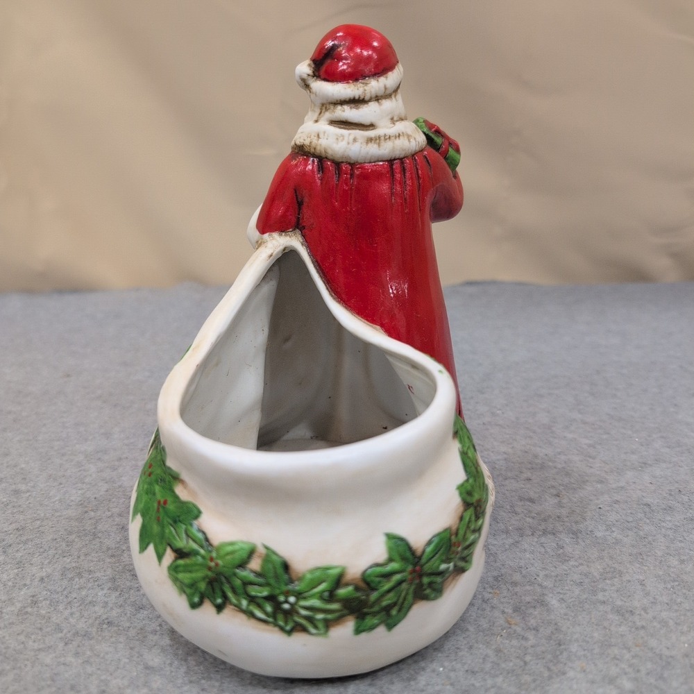 Claire Burke 1991 Ceramic Santa Claus Planter Candy Dish Red Green Holly - Picture 5 of 7